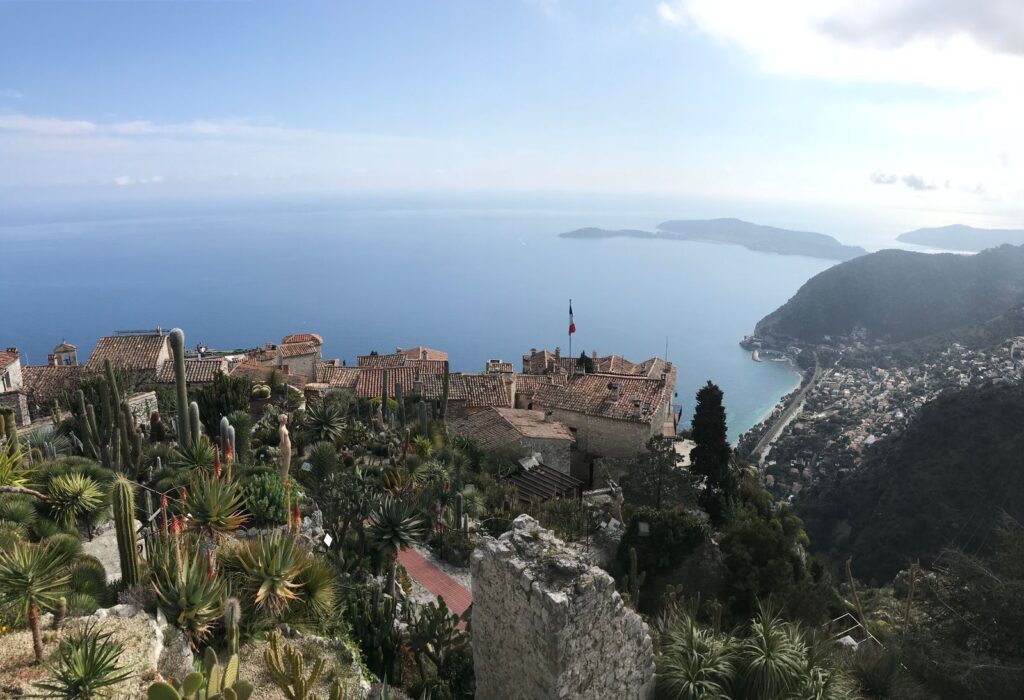 Eze Village seen from above, perched on its rock above the Mediterranean between Nice and Monaco