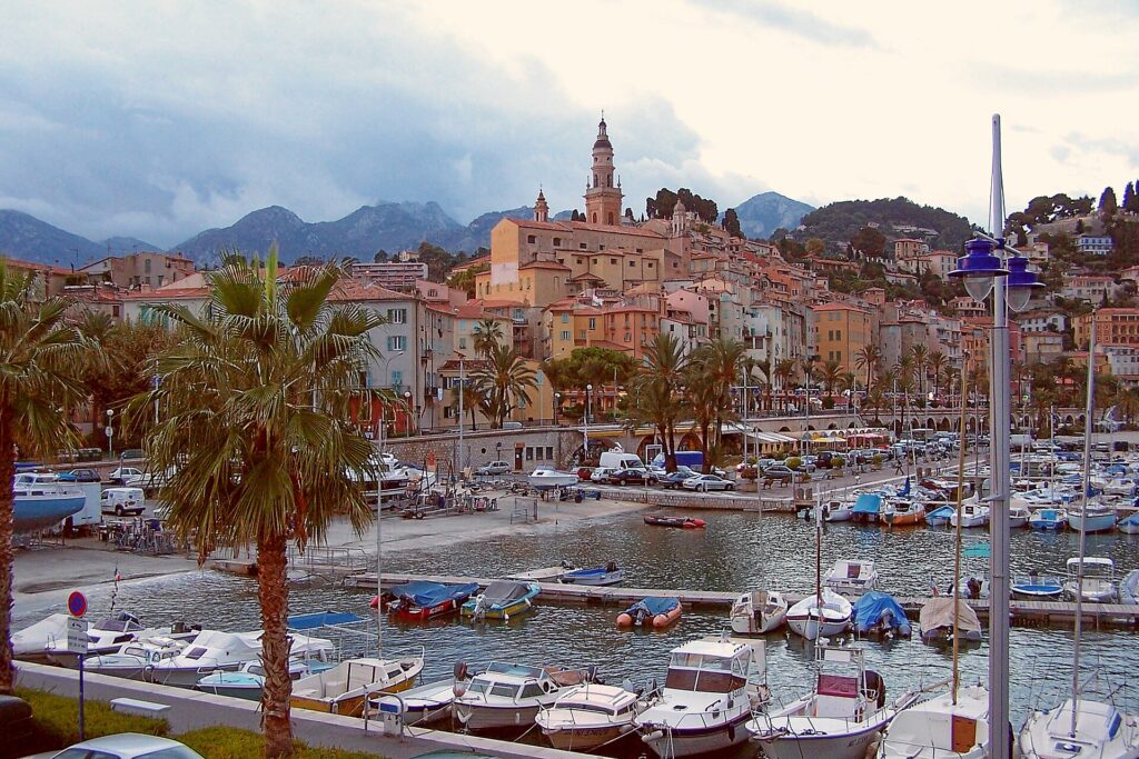 Menton old town and harbour near the Italian border