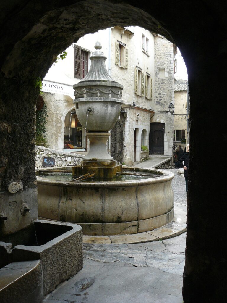The Grande Rue fountain, a classic sight after the drive from Nice to Saint-Paul-de-Vence