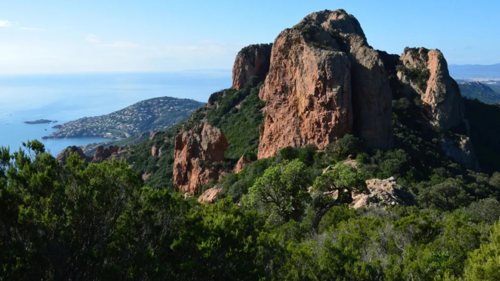 Red Esterel rocks above the sea along the coastal route between Cannes and Saint-Raphael