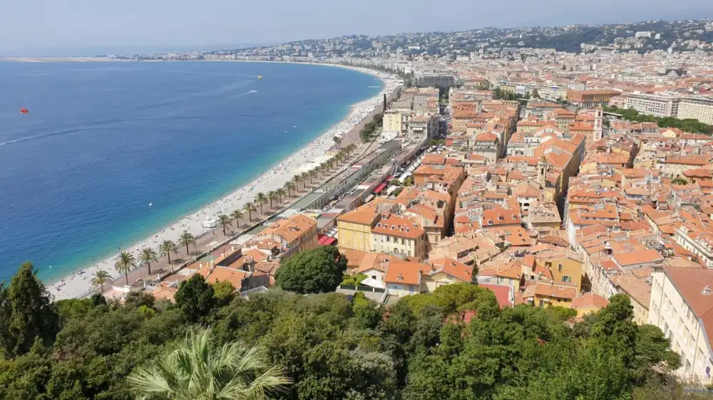 Aerial view of the Promenade des Anglais in Nice, about 15 minutes from the airport by car